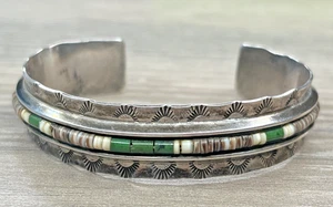BD Native American Navajo Sterling 925 Inlaid Heishi Bead Concho Cuff 26g Signed - Picture 1 of 16