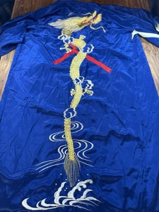 Vintage Embroidered Dragon Kimono Robe Sz XL w/ Belt Length 56 Blue - Picture 1 of 11