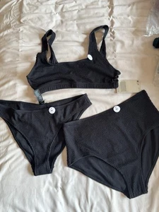Monki Black Crinkle Bikini 3 Set Size Medium - Picture 1 of 6
