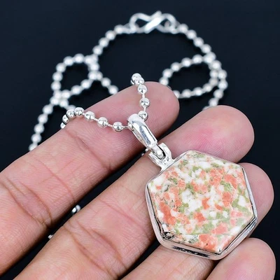 Collar hecho a mano enchapado en plata 925 Unakite de 18" Foto 1 de 3