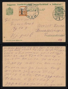 1918 Ungarn Postkarte nach Rumänien 2f Steuer fällig blau HS von Ujpest nach Temesmegye - Bild 1 von 3