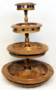 VTG Hawaiian Monkey Pod Wood 4 Tiered Hand Carved Lazy Susan Serving Tiki Beach - Picture 1 of 13
