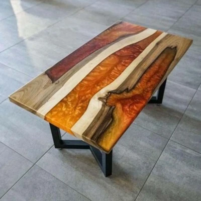 Orange Epoxy Resin Center Sofa Dining Table Acacia Wooden Live Edge Home Decors - Image 1 of 4