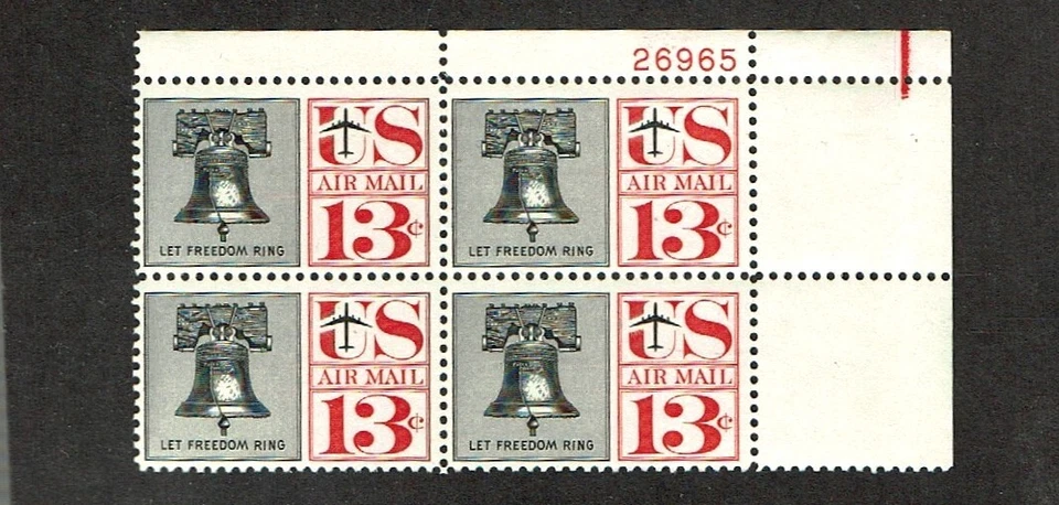 1961 U.S AIRMAIL CLASSIC 13c LIBERTY BELL  Plt # Blk of 4 Sc#C62 M/NH/OG GEM! - Image 1 of 1