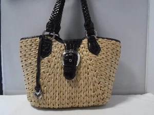 VTG Brighton Brown Tan Leather Woven Straw Jute Shoulder Bag Silver Heart Hobo - Picture 1 of 18