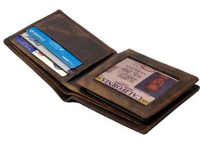 Hunter Marrón RFID Bloqueo de Señal Para Hombre Cuero Delgado Doble Pliegue Vintage Billetera ID Foto 1 de 4
