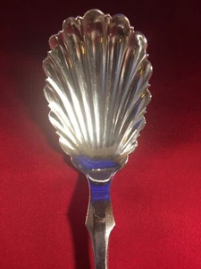 ANTIQUE SILVER SUGAR SHELL SPOON. 7” LONG. c 1840. MARKED COIN. MONOGRAM “ELR” - Picture 1 of 8