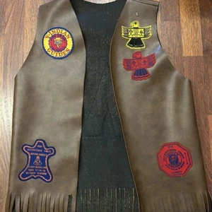 Vintage Brown Leather Fringe Vest With 1970s YMCA ‘Indian Guides’ Patches - Picture 1 of 6