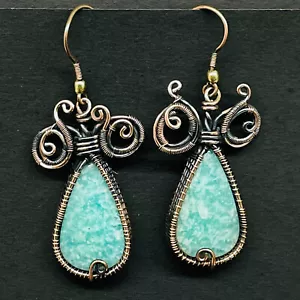 Natural Amazonite Gemstone Copper Wire Wrapped Handcrafted Earrings 45x19mm - Picture 1 of 11