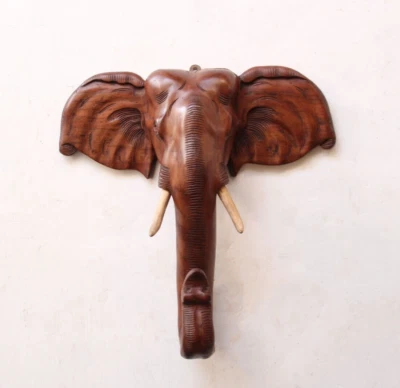 Antigua estatua de elefante asiático indio cabeza de animal colgante de pared decoración del hogar vintage Foto 1 de 4