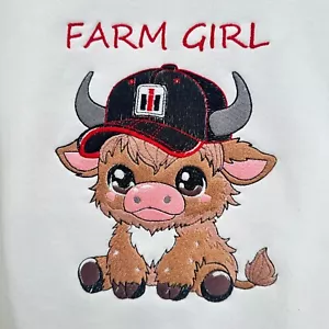 Highland Cow Sweatshirt Case IH Tractor Farm Girl Embroidered YOUTH Kid Crewneck - Picture 1 of 13
