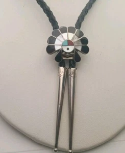 Vintage YellowHorse Sterling Silver Bolo Tie Black White Inlaid Navajo Indian  - Picture 1 of 8