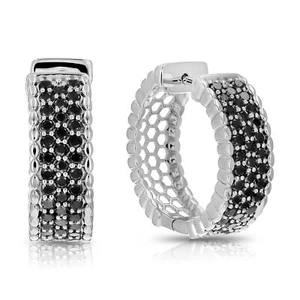 2 ct Black Diamond Hoop Earrings Women .925 Sterling Silver Three Row 7/8 Inch - Picture 1 of 5
