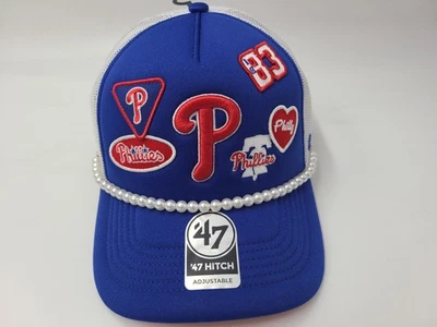 Women Philadelphia Phillies 47 Brand Hitch Pearl Rope Mesh Snapback Hat Cap MLB - Image 1 of 4