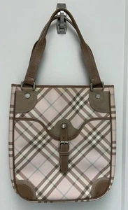 Vintage Burberry Petal Pink Candy Nova Check Taupe Leather Tote Bag Purse - Picture 1 of 15