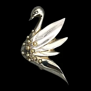 Vtg Jeslaine Sterling Swan Brooch Seed Bead Faux Pearl Bird Pin 925 Silver READ - Picture 1 of 7