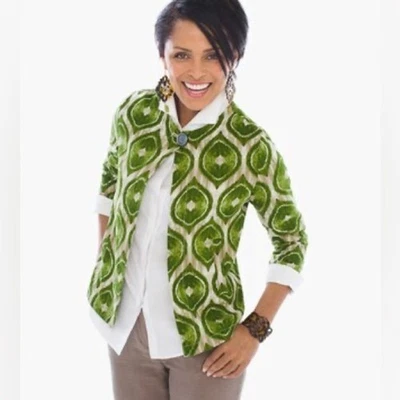 NWT Chico's Green Modern Ikat Printed Linen Blazer Button Front Pockets Size2/L - Image 1 of 4