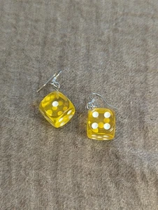 Yellow Dice Dangle Earrings Translucent Resin Casino Gaming Novelty Jewelry Gift - Picture 1 of 5