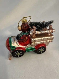 2007 handbemalter Glas Weihnachtsschmuck Bär fährt Schneepflug mit Baum Glitzer - Bild 1 von 6