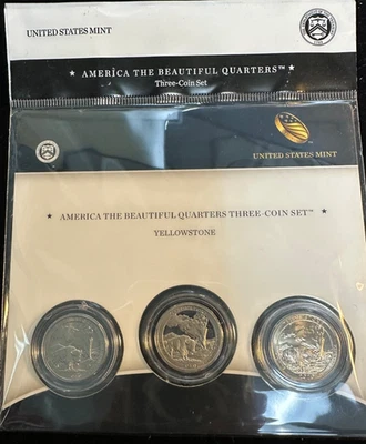 Yellowstone National Park America the Beautiful Quarter 3 coins US Mint pkg - Image 1 of 4