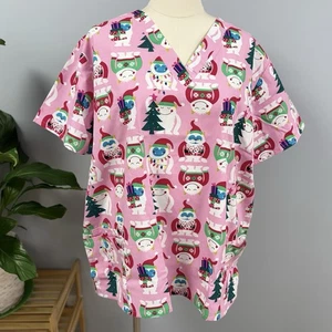 NWT Buttersoft Christmas Scrub Top 3X Pink Monster Yeti Snowman Holiday Scrubs - Picture 1 of 9