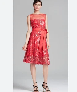 TADASHI SHOJI Red Lace Dress 6 Illusion Neck Sequin Scalloped Bow Formal Wedding - Picture 1 of 16