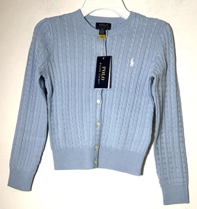 Polo Ralph Lauren Big Girls 7 Blue Cable-Knit Cotton Cardigan - Picture 1 of 7