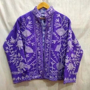 Abrigo Chaqueta Azul Reversible Algodón Suzani Bordado a Mano, Mujer Usar Invierno - Imagen 1 de 10