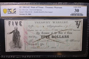 1861-62 $5, State of Texas., Obsolete Currency, PCGS Graded: VF-30., Store#30084 - Picture 1 of 2
