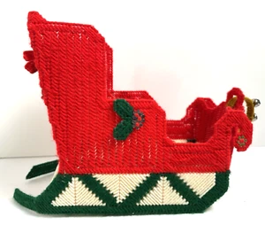 Vintage Christmas Sleigh Plastic Canvas Needlepoint Red Green w/Bells Kitsch - Picture 1 of 6