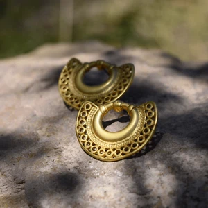 24k GP Pre-Columbian Crescent Drop Earrings | Across The Puddle - Picture 1 of 4