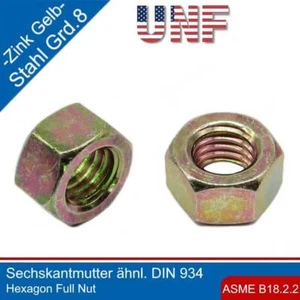 UNF Hex Nut ASME B18.2.2 Steel Grade 8 Yellow Zinc Plated - Picture 1 of 4