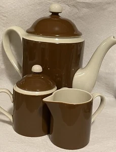 Vintage Fitz & Floyd FF Renaissance Brown & White Coffee Tea Pot Sugar Creamer - Picture 1 of 8