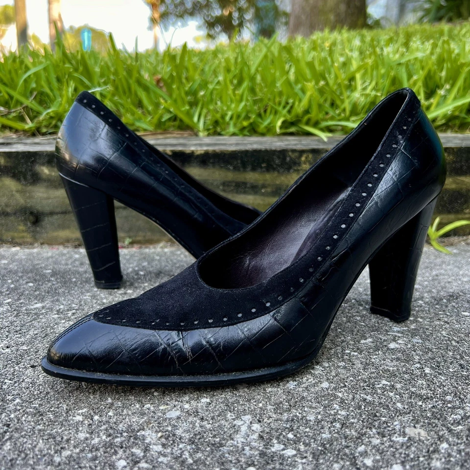 Istante VERSACE Gothic Croc Leather / Suede Vintage Pump Heels Black ~ Size 8.5 - Image 1 of 4