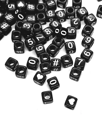 100pcs 6mm cube black mixed numbers 0-9, heart and  # acrylic beads DIY Craft - Image 1 of 3