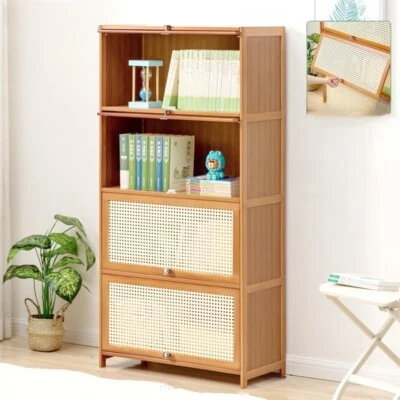 4 Tier Bamboo Bookcase Cupboard with Doors Storage Shelving Display Cabinet Unit - Image 1 of 4