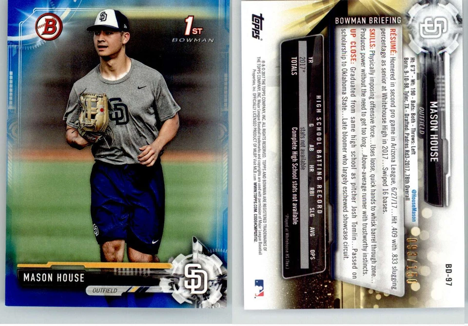Mason House 2017 Bowman Draft Blue BD-97 /150 Padres 1st - Image 1 of 1
