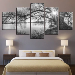 Black White Lakeside Big Trees Sunshine Canvas Prints Painting Wall Art Decor 5P - Picture 1 of 4