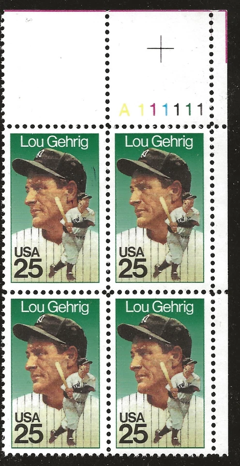 US Scott #2417, Plate Block #A111111 1989 Gehrig 25c VF MNH - Image 1 of 1