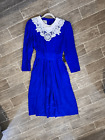 Vintage Royal Blue Dress White Crocheted Collar Sz 12 Korea