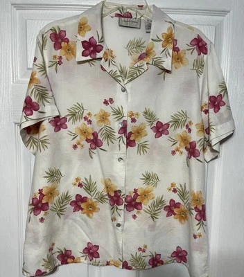 Camisa feminina Lemon Grass tamanho XL branca floral manga curta botão para cima linho - Imagem 1 de 4