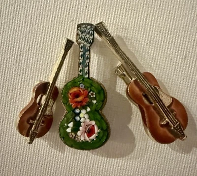 Broche de guitarra vintage esmalte marrón tono dorado - par Foto 1 de 4