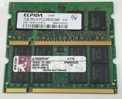 Elpida 1GB & Kingston 2GB Laptop RAM Memory PC2-6400S KVR800D2S5/2G Untested - Image 1 of 3