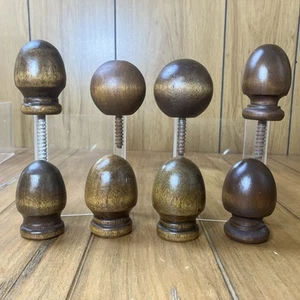 Vtg Salvaged Lot Of 8 Brown Simple Wood Finials Newels Posts Screw On Furniture - Picture 1 of 19