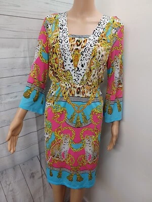 Vestido elástico blanco Mark Couture rosa ornamentado guepardos multicolor talla L  Foto 1 de 4