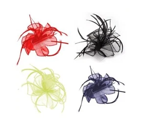 Organza Faltenschleife und Feder Haarspange Kamm Faszinator Hochzeitsrennen - Bild 1 von 16