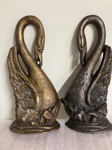 VINTAGE PAIR SWAN ANDIRONS CAST BRASS HIGHLY STYLIZED, RUSTIC, LODGE, CABIN Cover