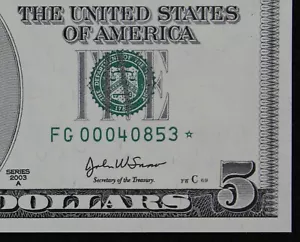 $5 2003A CU Star Federal Reserve Note FG00040853* five $ 640K SINGLE RUN ISSUE - Picture 1 of 3