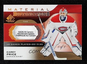 2020 SP Game Used Distinctions Materials Tag 1/1 Carey Price Keith Kinkaid Patch