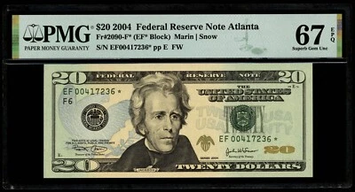 $20 2004 Federal Reserve * Star Note Atlanta Fr#2090-F* PMG 67 EPQ Superb Gem UN - Image 1 of 3